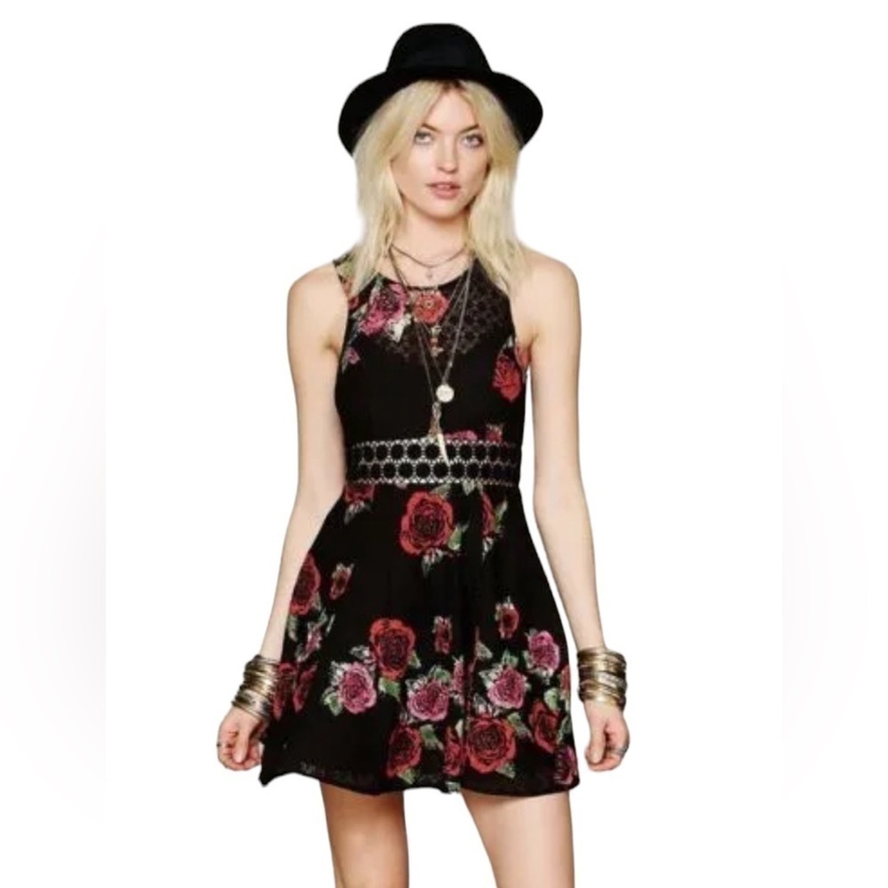 Free People Black Rose Print Fit and Flare Crocheted Daisy Cutout Waist Dress 4 - Picture 2 of 10